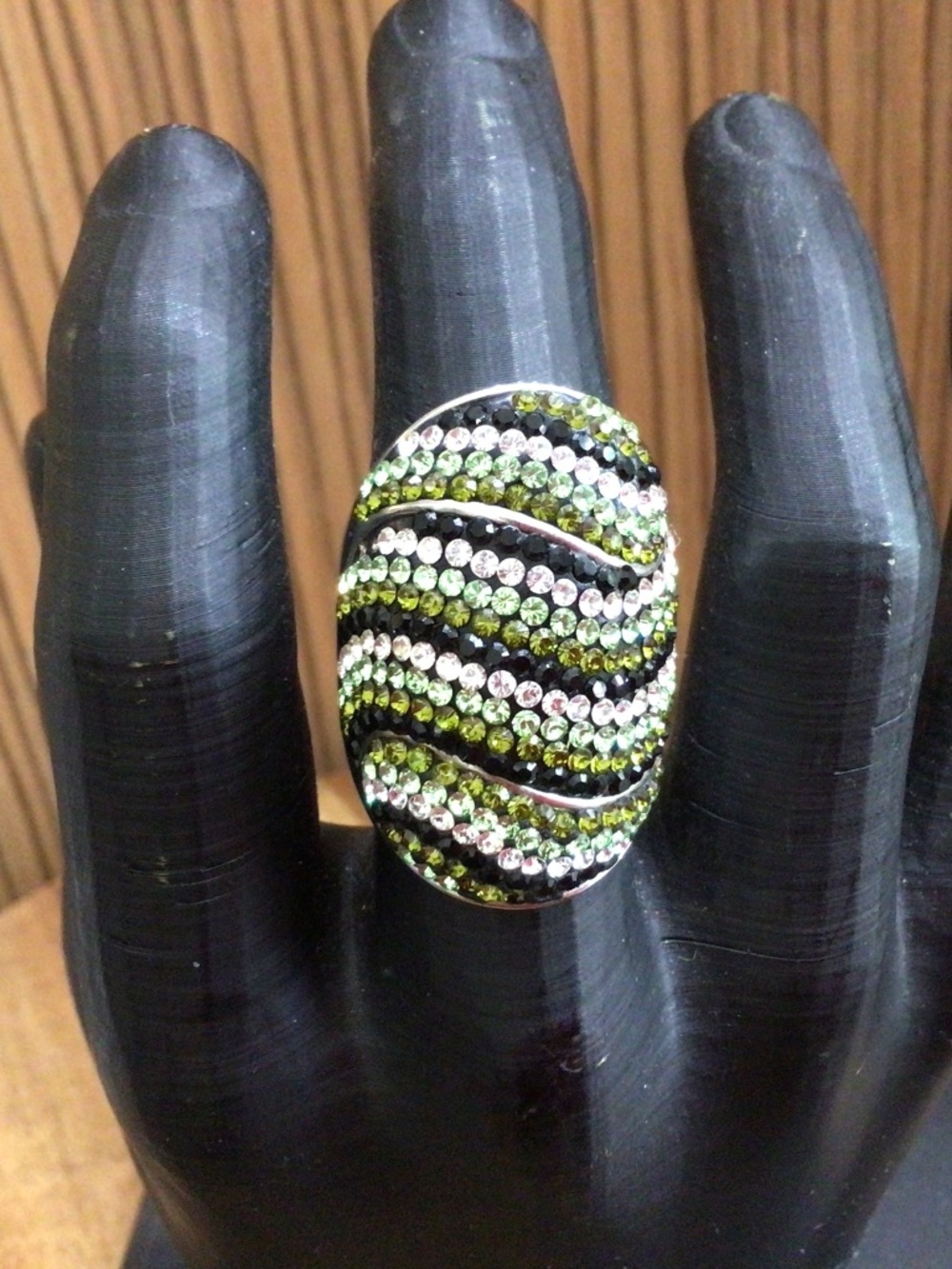 925 silver stamped large dark and light green, black and clear stones Size 8.5